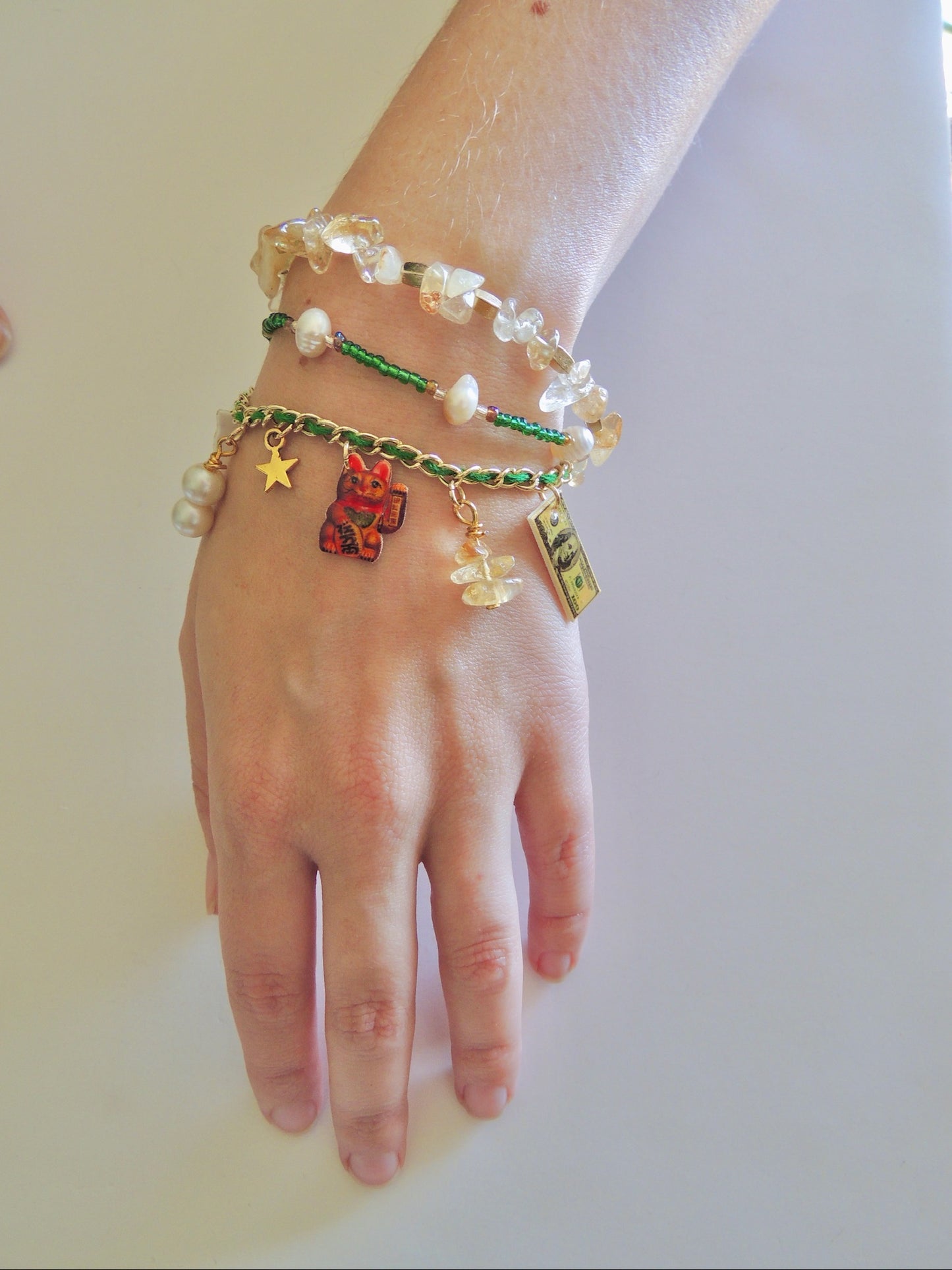 Money Manifestation Charm Bracelet Stack - Emerald Green