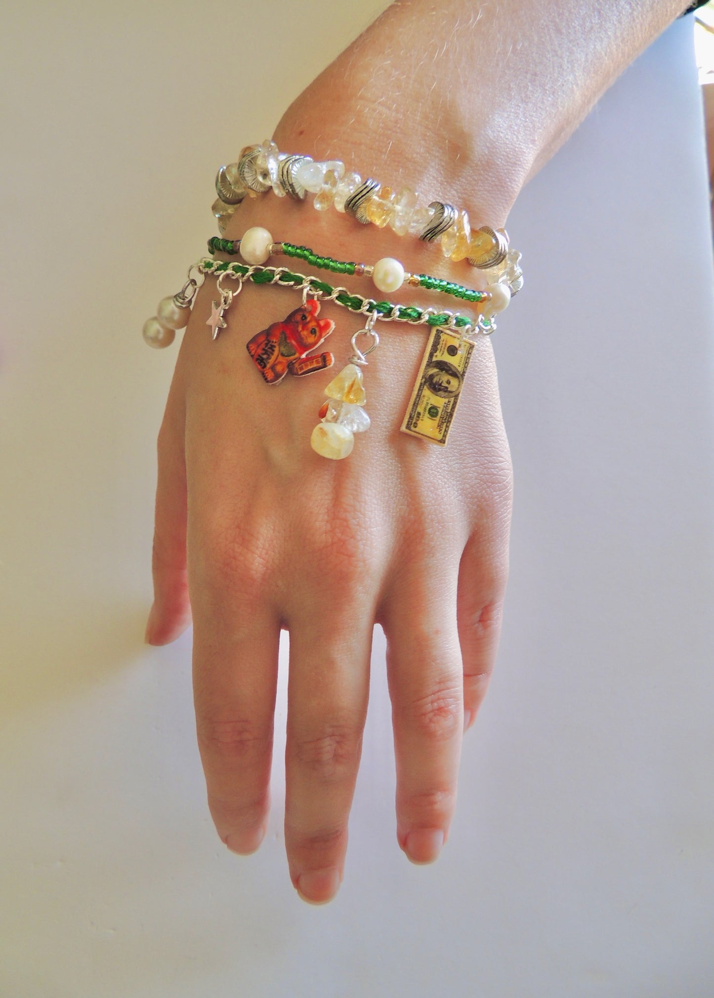 Money Manifestation Charm Bracelet Stack - Emerald Green